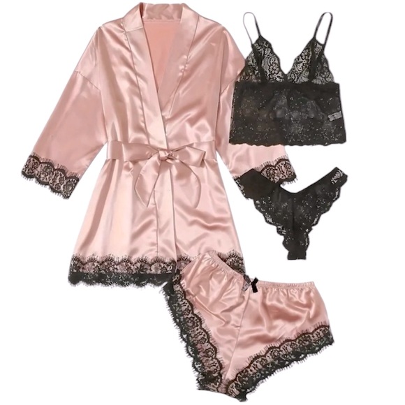 Other - Sexy Women’s 4 Piece Pink/Black Lace Lingerie Set  - Robe, Shorts,Tank&underwear